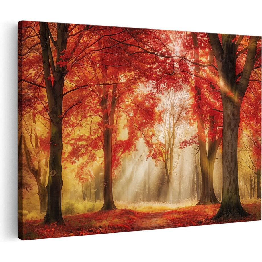 Artaza Canvas Schilderij Rood Herfstbos met Zonlicht dat door de Bomen Schijnt - 120x80 - Groot - Foto Op Canvas - Canvas Print Artaza Canvas Schilderij Rood Herfstbos met Zonlicht dat door de Bomen Schijnt - 120x80 - Groot - Foto Op Canvas - Canvas Print afbeelding 1