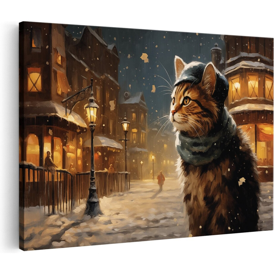Artaza Canvas Schilderij Kat - 120x80 cm - Groot - Wanddecoratie Winterlandschap - Muurdecoratie Dieren - Schilderijen Op Canvas Stad afbeelding 1