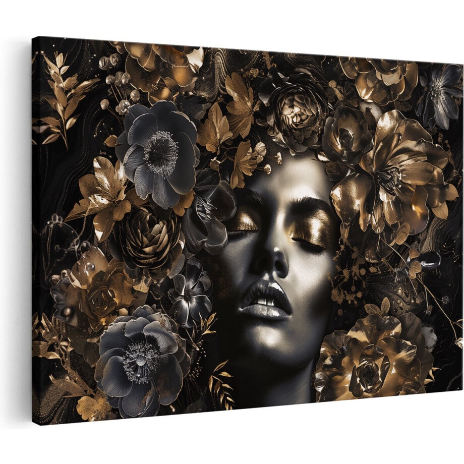 Artaza Canvas Schilderij Vrouw met Bloemen op haar Hoofd - Bloemen - 30x20 cm - Klein - Wanddecoratie Woonkamer - Schilderijen - Muurdecoratie afbeelding 1