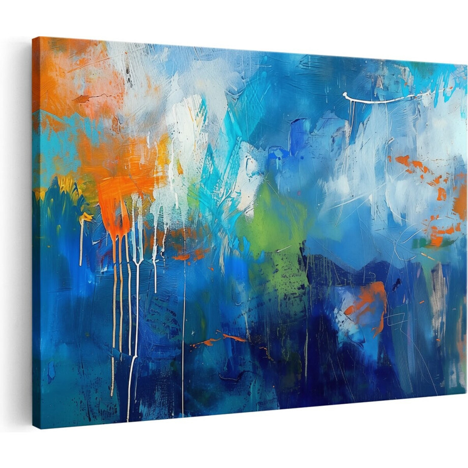Artaza Canvas Schilderij Abstract Kunstwerk met Blauwe en Oranje Kleuren - 60x40 cm - Wanddecoratie Woonkamer - Schilderijen - Muurdecoratie afbeelding 1