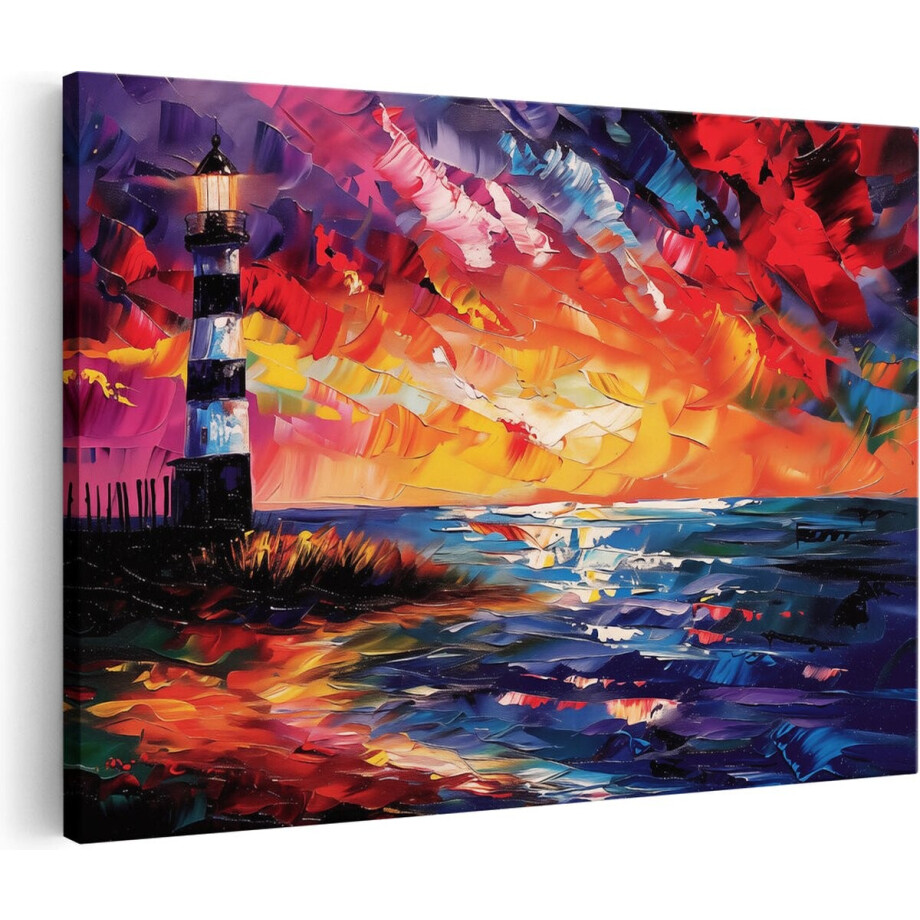 Artaza Canvas Schilderij Kunstwerk van een Vuurtoren bij Zonsondergang - Landschap - 30x20 cm - Klein - Wanddecoratie Woonkamer - Schilderijen - Muurdecoratie afbeelding 1