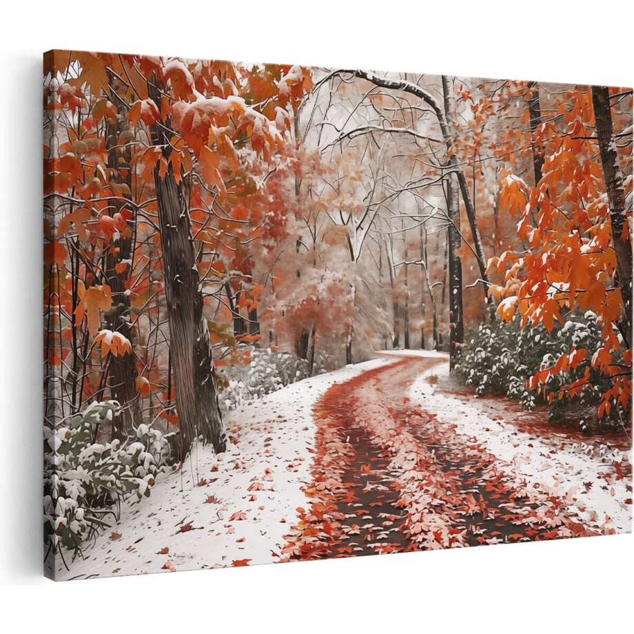Artaza Canvas Schilderij Besneeuwd Pad in een Bosrijke Omgeving - 90x60 cm - Wanddecoratie Woonkamer - Schilderijen - Muurdecoratie afbeelding 1