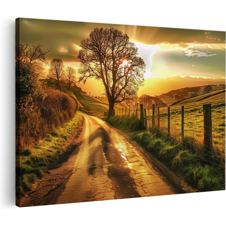 Artaza Canvas Schilderij Eenzame Boom in een Veld bij Zonsondergang - 120x80 cm - Groot - Wanddecoratie Woonkamer - Schilderijen - Muurdecoratie afbeelding 1