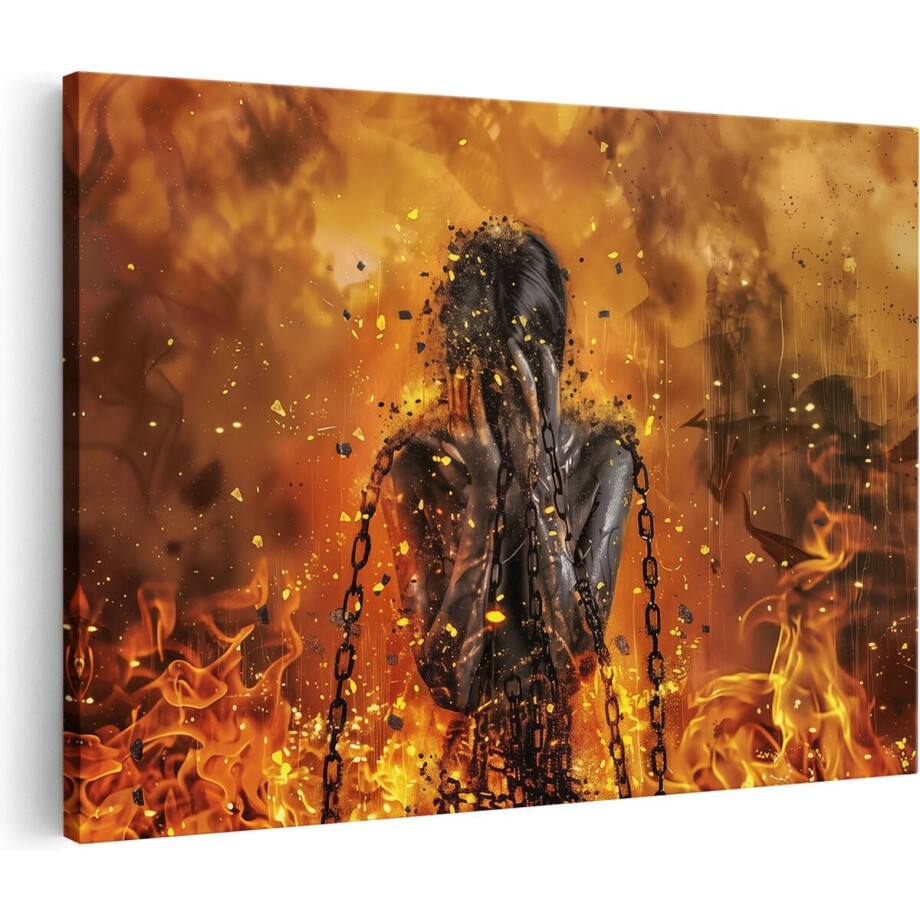 Artaza Canvas Schilderij Vrouw Vastgeketend aan een Vuur - 30x20 cm - Klein - Wanddecoratie Woonkamer - Schilderijen - Muurdecoratie afbeelding 1