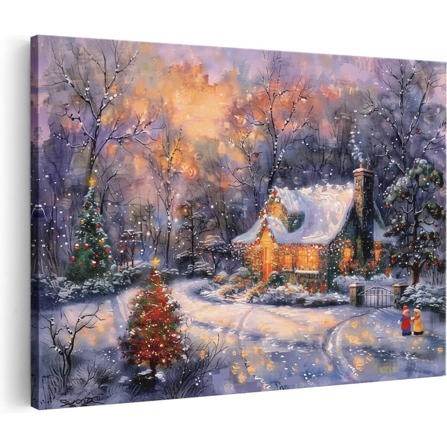 Artaza Canvas Schilderij Winterlandschap - 60x40 cm - Wanddecoratie Kerst Huisje - Muurdecoratie Sneeuw - Schilderijen Op Canvas afbeelding 1