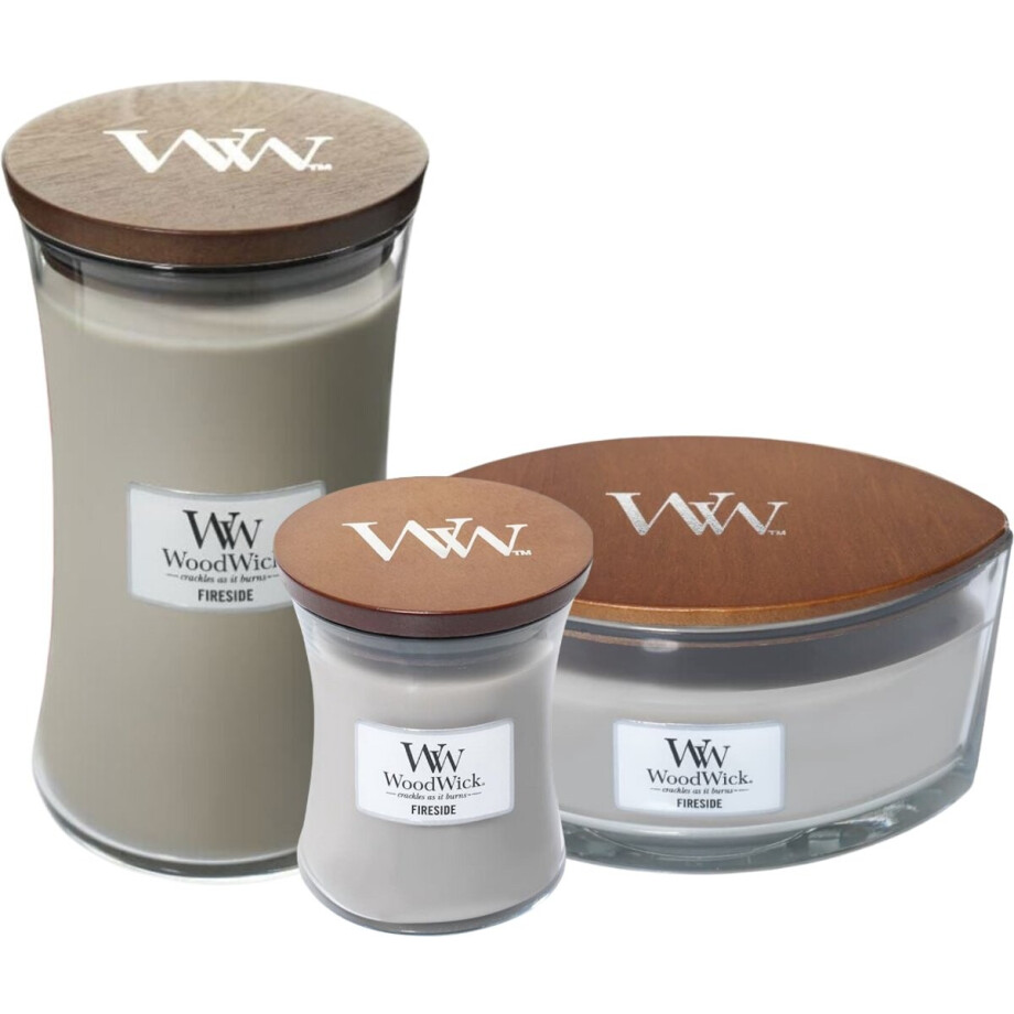 Woodwick geurkaarsen Fireside - Set van 1x Medium 1x Large 1x Ellipse - Afmetingen: B:9,8 x H: 11,43 cm - Aantal branduren: ± tot 60h - Materiaal: glas, hout afbeelding 1