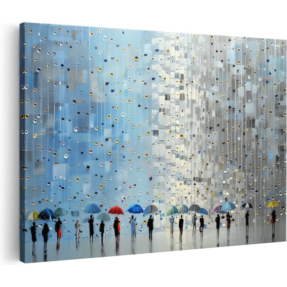 Artaza Canvas Schilderij Mensen met Paraplu’s in de Regen - 120x80 cm - Groot - Wanddecoratie Woonkamer - Schilderijen - Muurdecoratie afbeelding 1