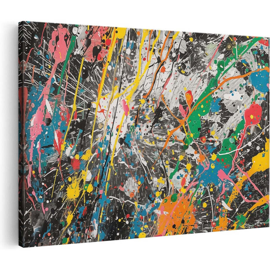 Artaza Canvas Schilderij Kleurrijke Verfspatten op een Zwarte Achtergrond - 90x60 cm - Wanddecoratie Woonkamer - Schilderijen - Muurdecoratie afbeelding 1