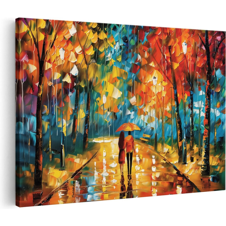 Artaza Canvas Schilderij Paar in de Regen met een Paraplu - 60x40 cm - Wanddecoratie Woonkamer - Schilderijen - Muurdecoratie afbeelding 1