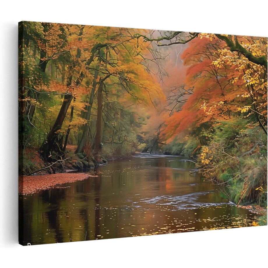 Artaza Canvas Schilderij Rivier met Bomen in de Herfst - 120x80 cm - Groot - Wanddecoratie Woonkamer - Schilderijen - Muurdecoratie afbeelding 1