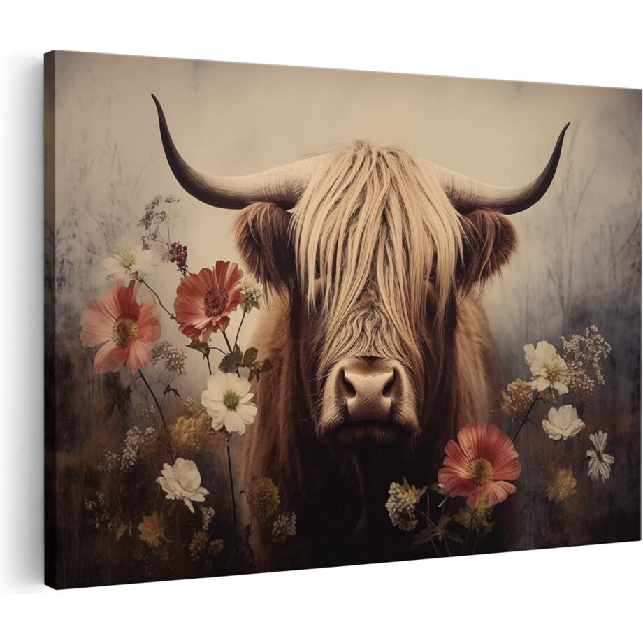 Artaza Canvas Schilderij Schotse Hooglander - 60x40 cm - Wanddecoratie Bloemen - Muurdecoratie Dieren - Schilderijen Op Canvas afbeelding 1