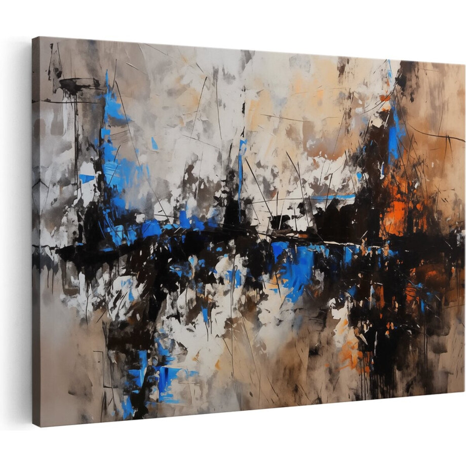Artaza Canvas Schilderij Abstract met Blauwe Bruine en Oranje Kleuren - 30x20 cm - Klein - Wanddecoratie Woonkamer - Schilderijen - Muurdecoratie afbeelding 1