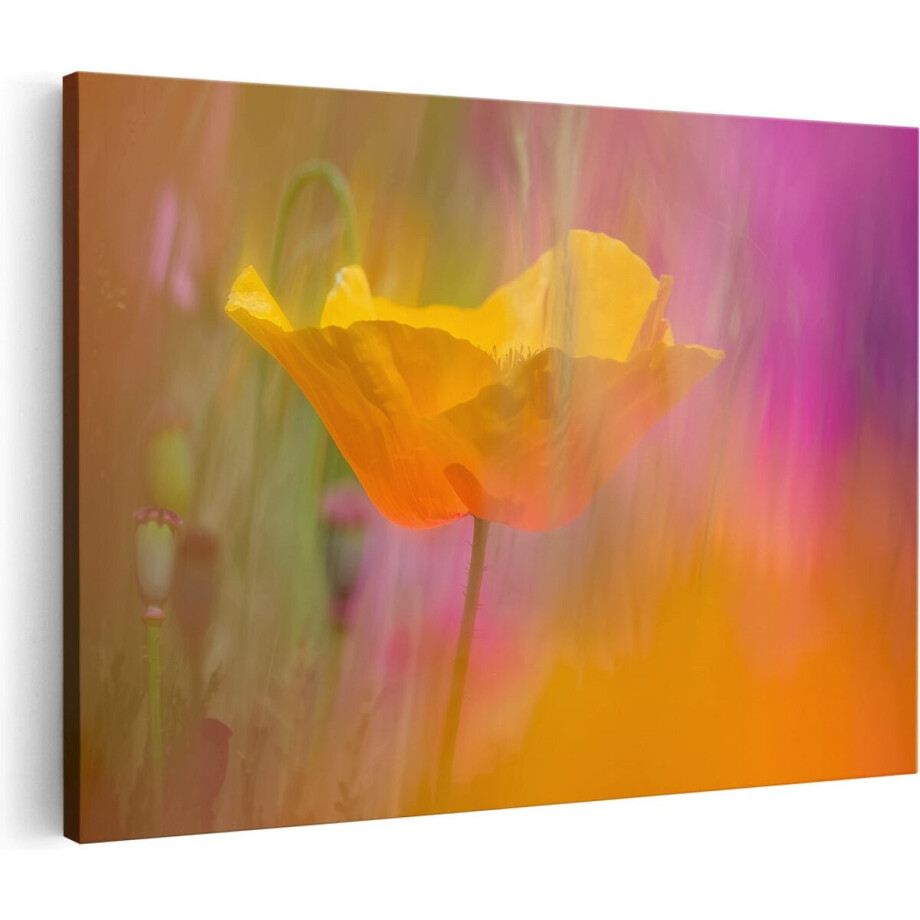 Artaza Canvas Schilderij Gele Klaproos in een Veld met Kleurrijke Bloemen - 90x60 cm - Wanddecoratie Woonkamer - Schilderijen - Muurdecoratie afbeelding 1