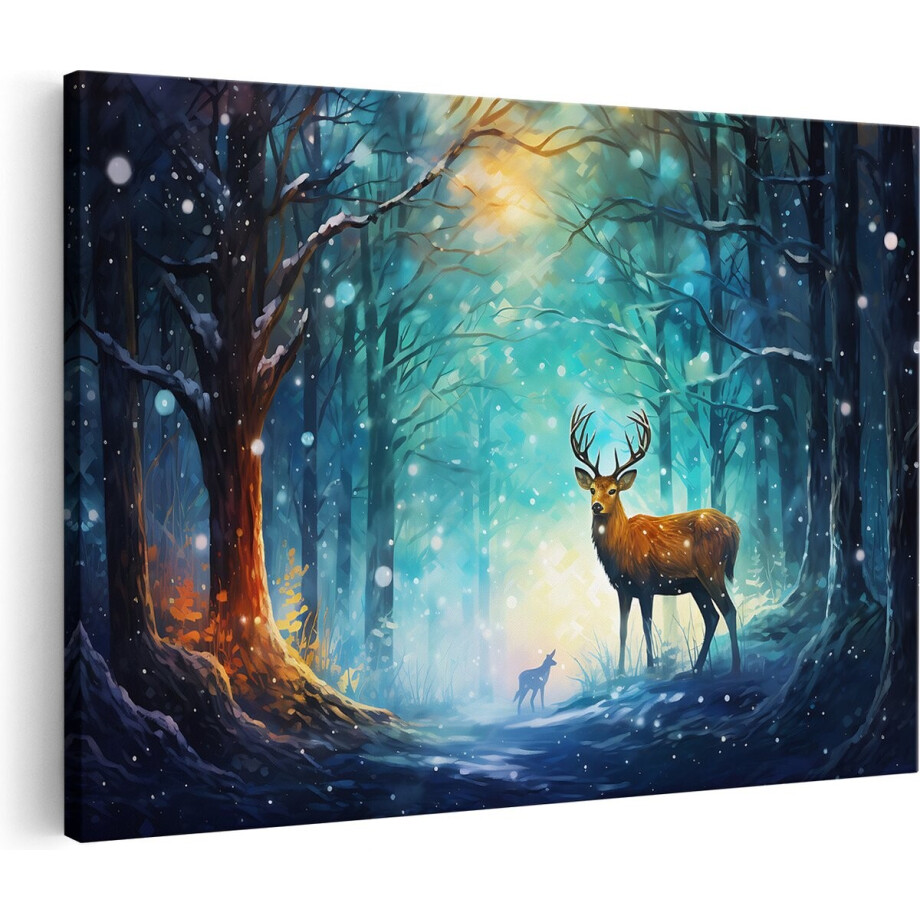 Artaza Canvas Schilderij Hert - 120x80 cm - Groot - Wanddecoratie Bos - Muurdecoratie Winter - Decoratie Sneeuw afbeelding 1