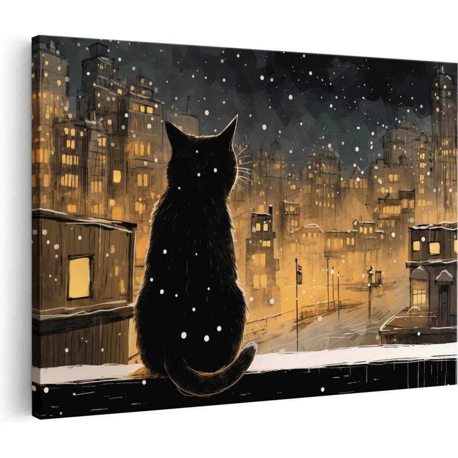 Artaza Canvas Schilderij Kat - 90x60 cm - Wanddecoratie Skyline - Muurdecoratie Stad - Schilderijen Op Canvas Winter afbeelding 1