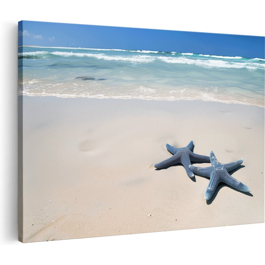 Artaza Canvas Schilderij Twee Zeesterren op een Strand - Dieren - 90x60 cm - Wanddecoratie Woonkamer - Schilderijen - Muurdecoratie afbeelding 1