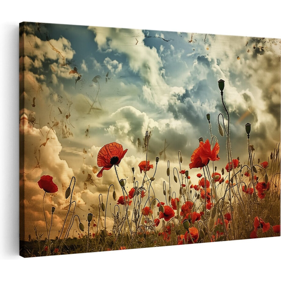 Artaza Canvas Schilderij Rode Klaprozen onder een Bewolkte Hemel - 90x60 cm - Wanddecoratie Woonkamer - Schilderijen - Muurdecoratie afbeelding 1