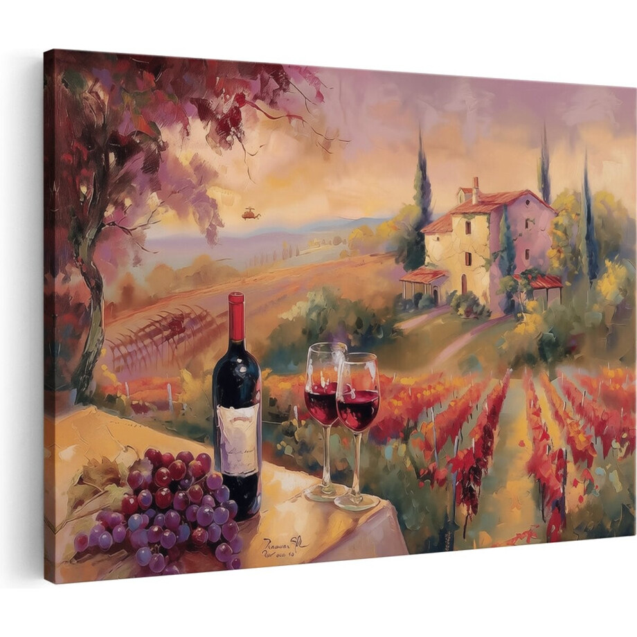 Artaza Canvas Schilderij Kunstwerk van Wijn en Druiven op een Tafel - 60x40 cm - Wanddecoratie Woonkamer - Schilderijen - Muurdecoratie afbeelding 1