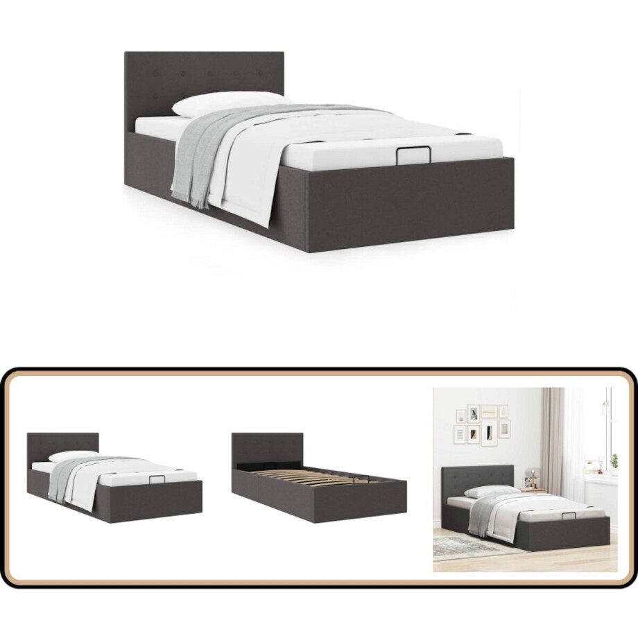 vidaXL Bedframe - Hydraulische opslag - 90x200 cm Stof Bedframe - Hydraulisch Bedframe - Eenpersoonsbed - Donkere Grijze Bed - Opbergbed afbeelding 1