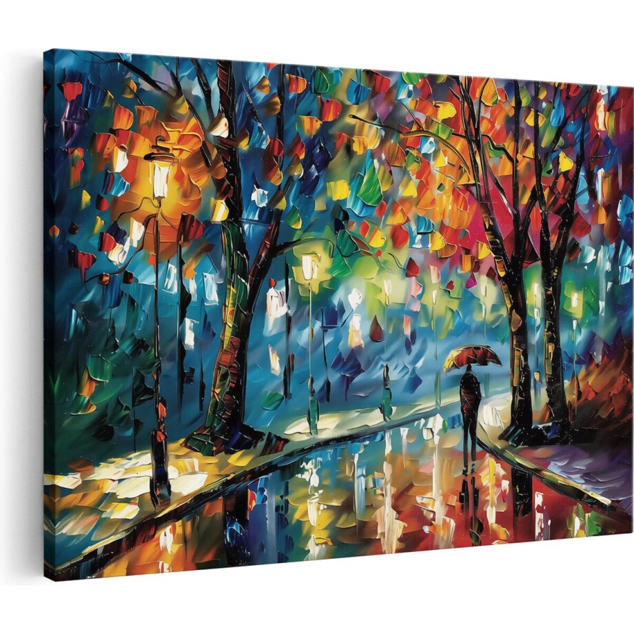Artaza Canvas Schilderij Kunstwerk van een Persoon in een Regenachtige Nacht op Straat - 30x20 cm - Klein - Wanddecoratie Woonkamer - Schilderijen - Muurdecoratie afbeelding 1