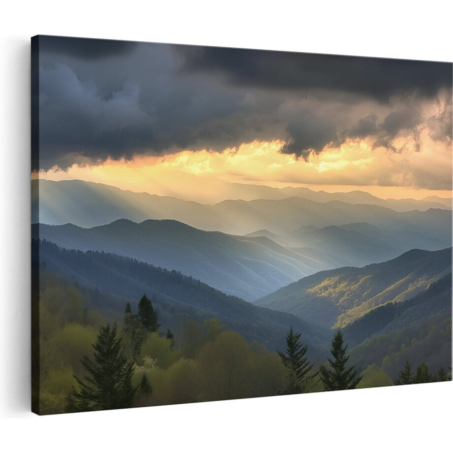 Artaza Canvas Schilderij Bergen - 90x60 cm - Wanddecoratie Zonsondergang - Muurdecoratie Landschap - Schilderijen Natuur afbeelding 1