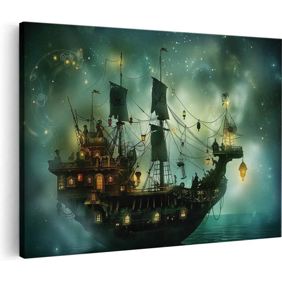 Artaza Canvas Schilderij Zeilschip - 30x20 cm - Klein - Muurdecoratie Nacht - Wanddecoratie Fantasy - Kamer Accessoires Mystiek afbeelding 1
