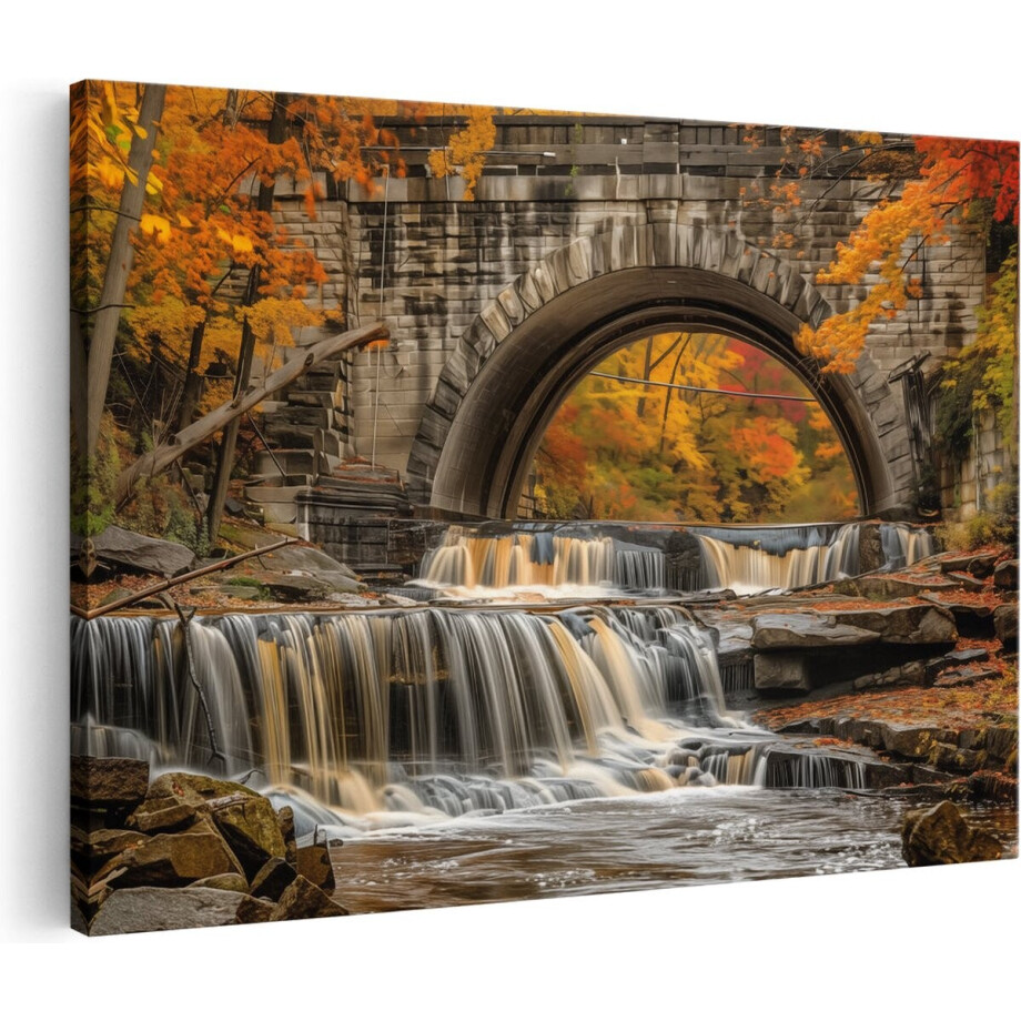 Artaza Canvas Schilderij Waterval onder een Brug - 30x20 cm - Klein - Wanddecoratie Woonkamer - Schilderijen - Muurdecoratie afbeelding 1