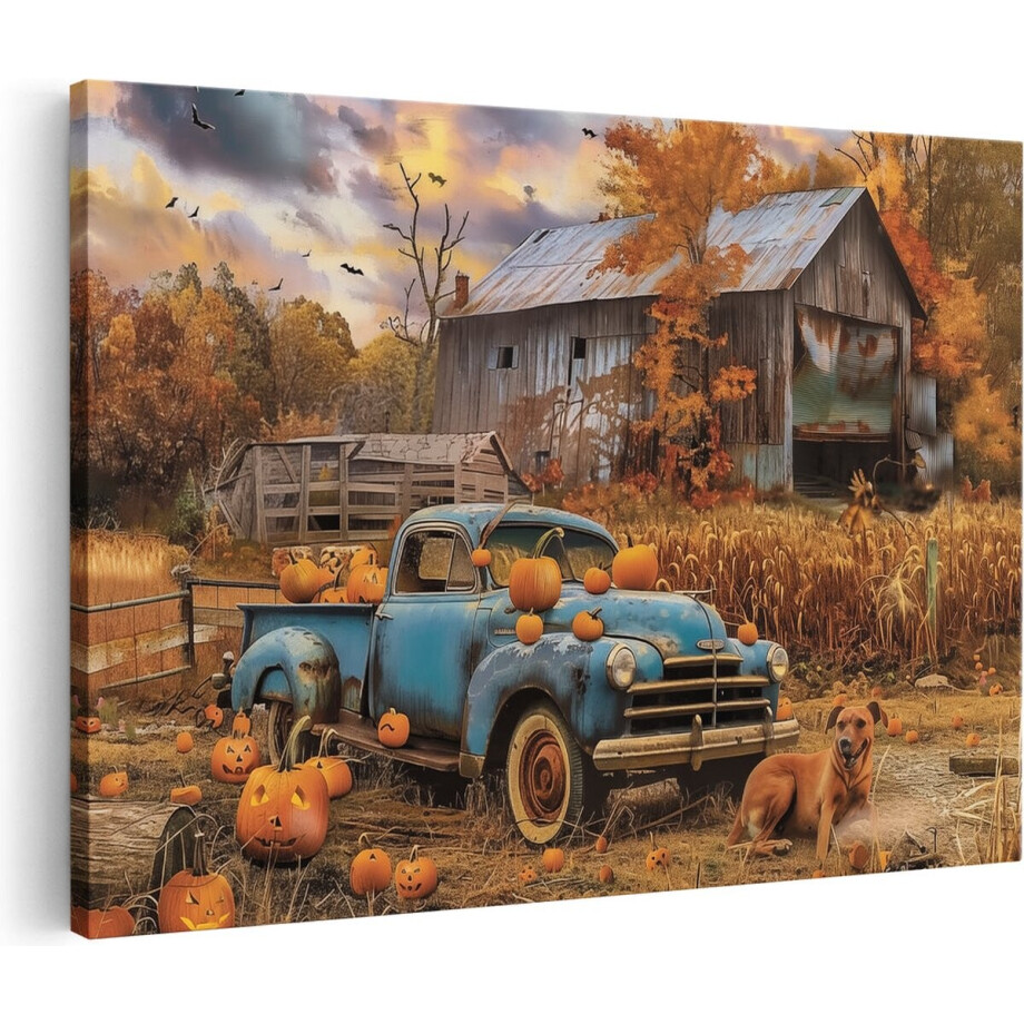 Artaza Canvas Schilderij Oldtimer - 30x20 cm - Klein - Wanddecoratie Herfst - Schilderijen Op Canvas Pompoenen - Decoratie Schuur afbeelding 1