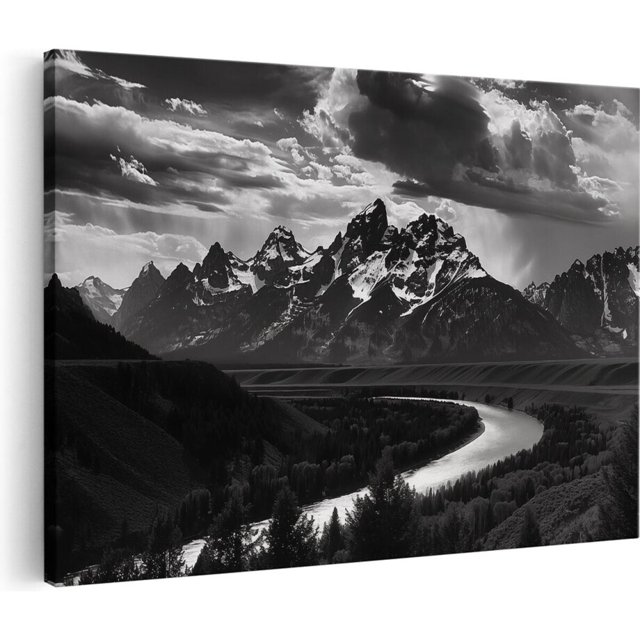 Artaza Canvas Schilderij Zwart Wit Grand Teton Bergen - Landschap - 30x20 cm - Klein - Wanddecoratie Woonkamer - Schilderijen - Muurdecoratie afbeelding 1