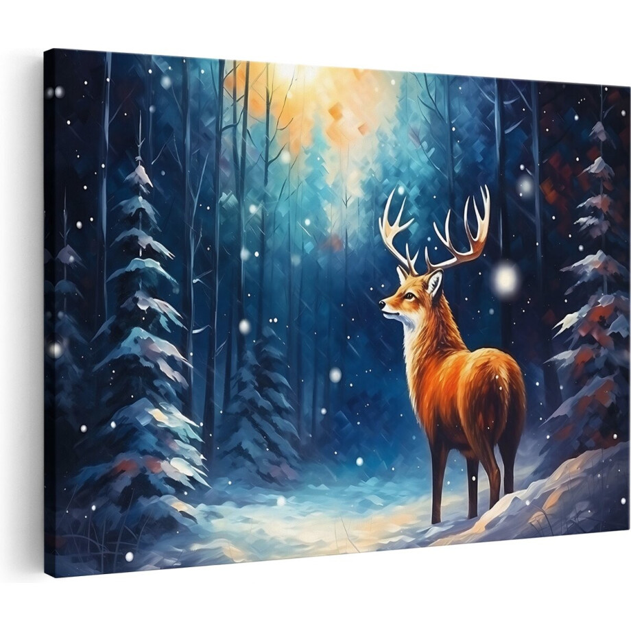 Artaza Canvas Schilderij Hert - 60x40 cm - Wanddecoratie Winterbos - Muurdecoratie Gewei - Schilderijen Op Canvas Sneeuw afbeelding 1