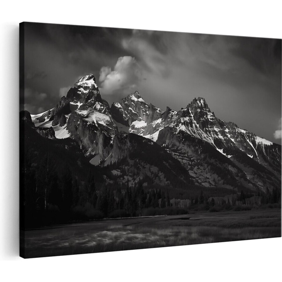 Artaza Canvas Schilderij Zwart Wit Grand Teton Bergen - Landschap - 120x80 cm - Groot - Wanddecoratie Woonkamer - Schilderijen - Muurdecoratie afbeelding 1