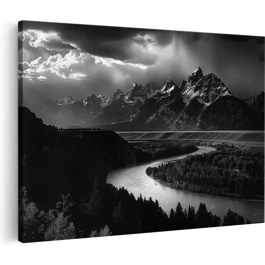 Artaza Canvas Schilderij Bergen - 60x40 cm - Wanddecoratie Landschap - Muurdecoratie Rivier - Schilderijen Natuur - Zwart Wit afbeelding 1