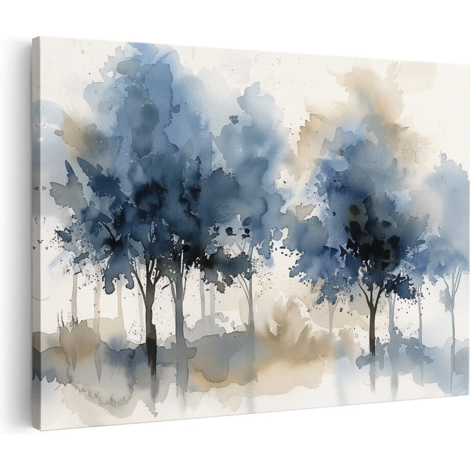 Artaza Canvas Schilderij Bos Abstract - 30x20 cm - Klein - Muurdecoratie Bomen - Wanddecoratie Woonkamer - Kamer Accessoires Aquarel - Blauw afbeelding 1