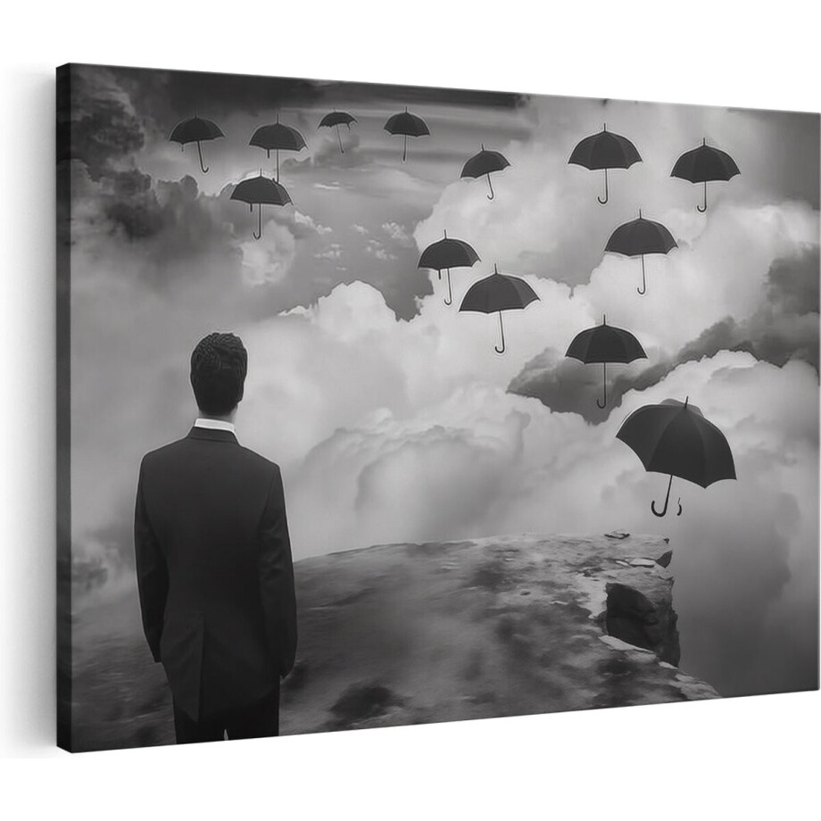 Artaza Canvas Schilderij Man in Pak met Vliegende Paraplu’s - 60x40 cm - Wanddecoratie Woonkamer - Schilderijen - Muurdecoratie afbeelding 1