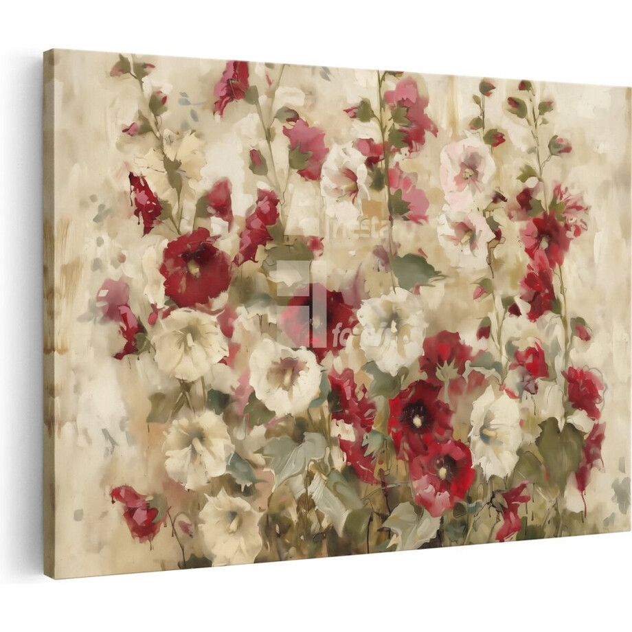 Artaza Canvas Schilderij Rode en Witte Bloemen op een Beige Achtergrond - 60x40 cm - Wanddecoratie Woonkamer - Schilderijen - Muurdecoratie afbeelding 1