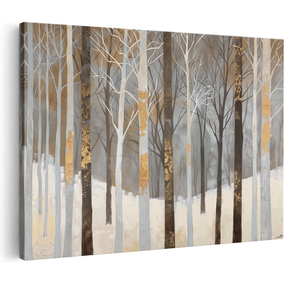 Artaza Canvas Schilderij Kunstwerk van Bomen in een Besneeuwd Bos - 120x80 cm - Groot - Wanddecoratie Woonkamer - Schilderijen - Muurdecoratie afbeelding 1