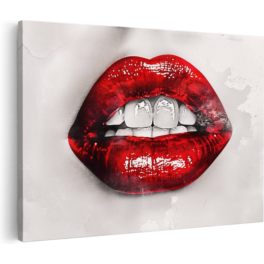 Artaza Canvas Schilderij Rode Lippen met Witte Tanden - 120x80 cm - Groot - Wanddecoratie Woonkamer - Schilderijen - Muurdecoratie afbeelding 1