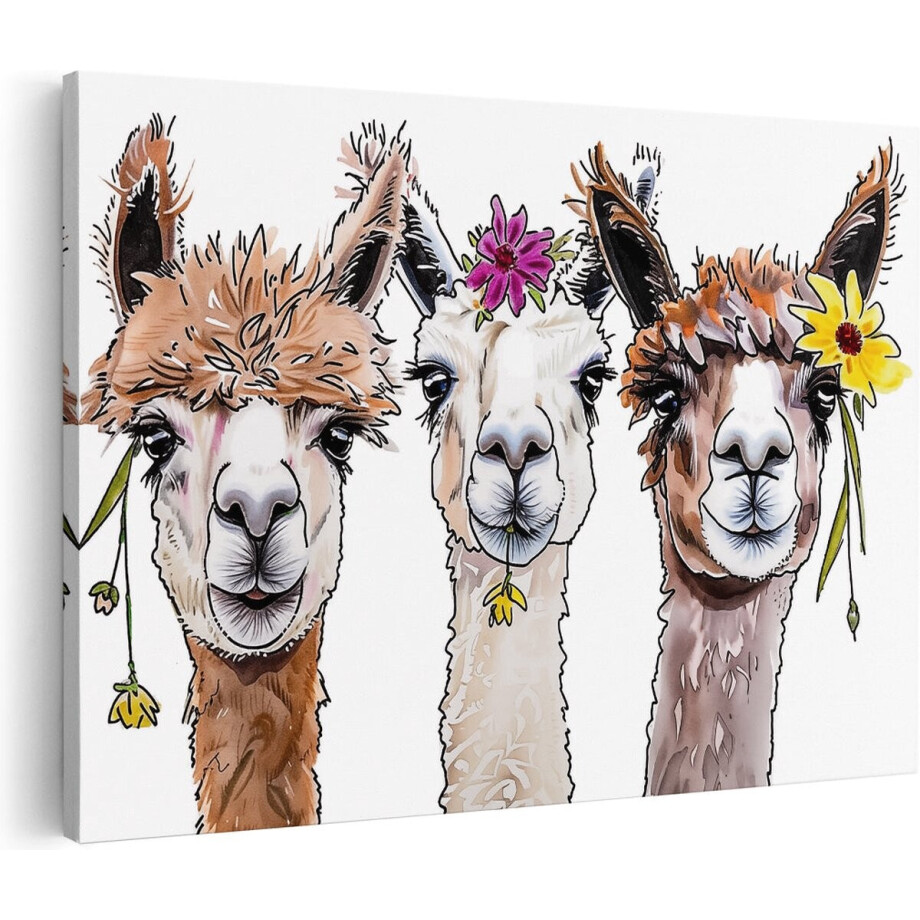 Artaza Canvas Schilderij Drie Lama's met Bloemen op haar Hoofd - Dieren - 90x60 cm - Wanddecoratie Woonkamer - Schilderijen - Muurdecoratie Artaza Canvas Schilderij Drie Lama's met Bloemen op haar Hoofd - Dieren - 90x60 cm - Wanddecoratie Woonkamer - Schilderijen - Muurdecoratie afbeelding 1