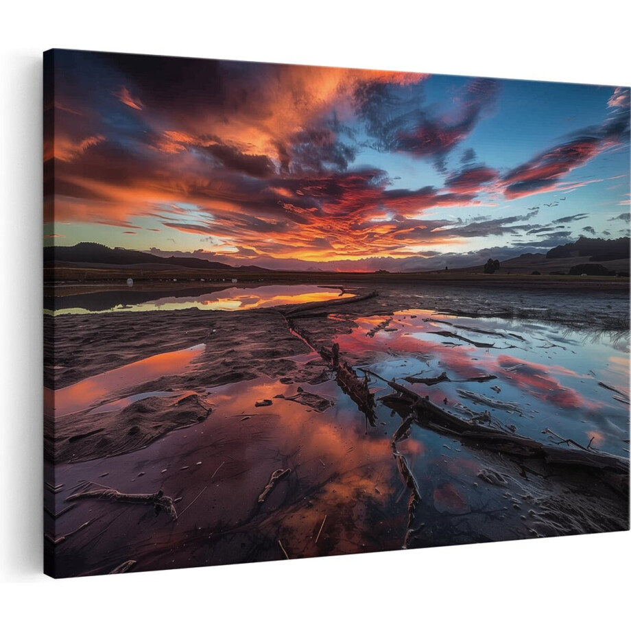 Artaza Canvas Schilderij Kleurrijke Zonsondergang over een Meer - 90x60 cm - Wanddecoratie Woonkamer - Schilderijen - Muurdecoratie afbeelding 1