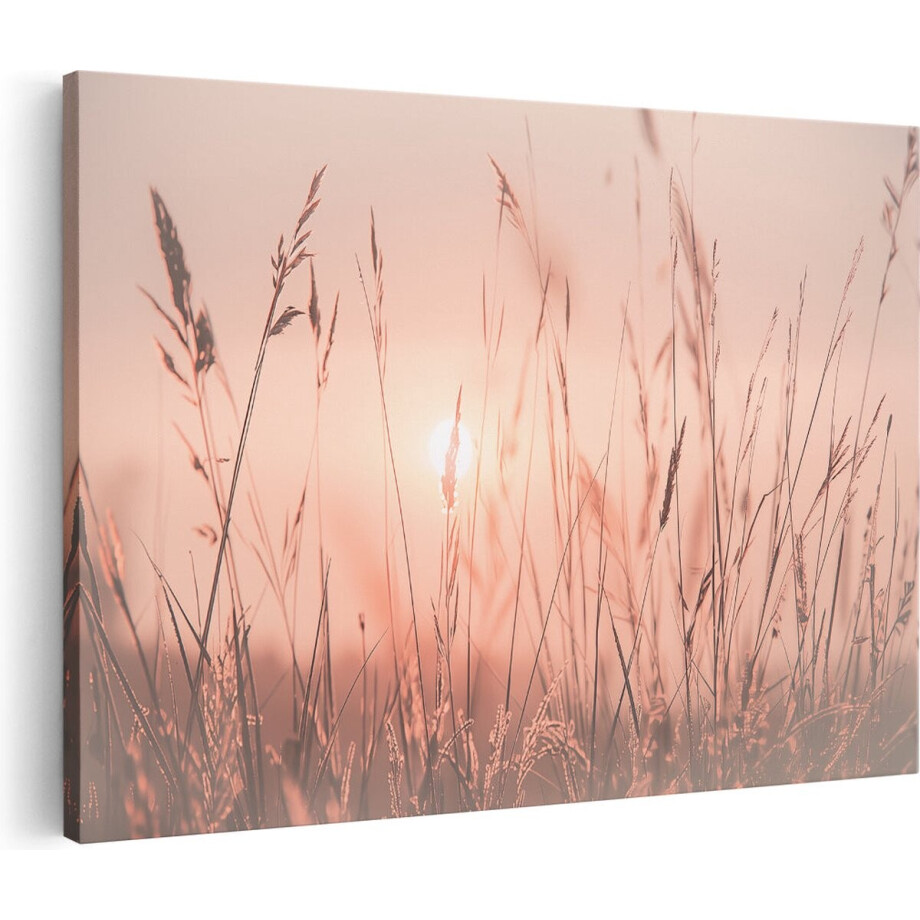 Artaza Canvas Schilderij Zonsondergang - 120x80 cm - Groot - Wanddecoratie Natuur - Muurdecoratie Gras Bij Zonsopgang - Schilderijen Op Canvas afbeelding 1