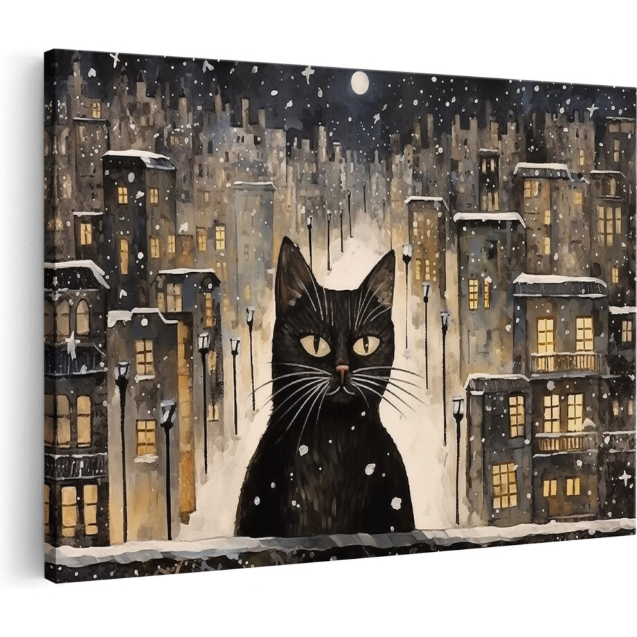 Artaza Canvas Schilderij Zwarte Kat in de Winter - 60x40 - Foto Op Canvas - Canvas Print afbeelding 1