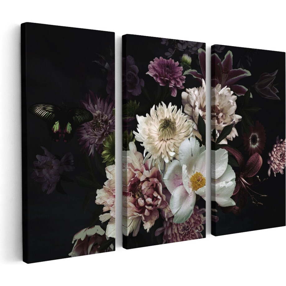 Artaza Canvas Schilderij Drieluik Diverse Bloemen Op Zwart Achtergrond - 60x40 - Klein - Foto Op Canvas - Canvas Print afbeelding 1