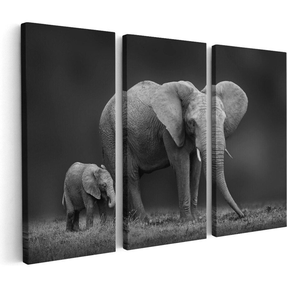 Artaza Canvas Schilderij Drieluik Olifant Moeder En Zoon - Zwart Wit - 90x60 - Foto Op Canvas - Canvas Print afbeelding 1