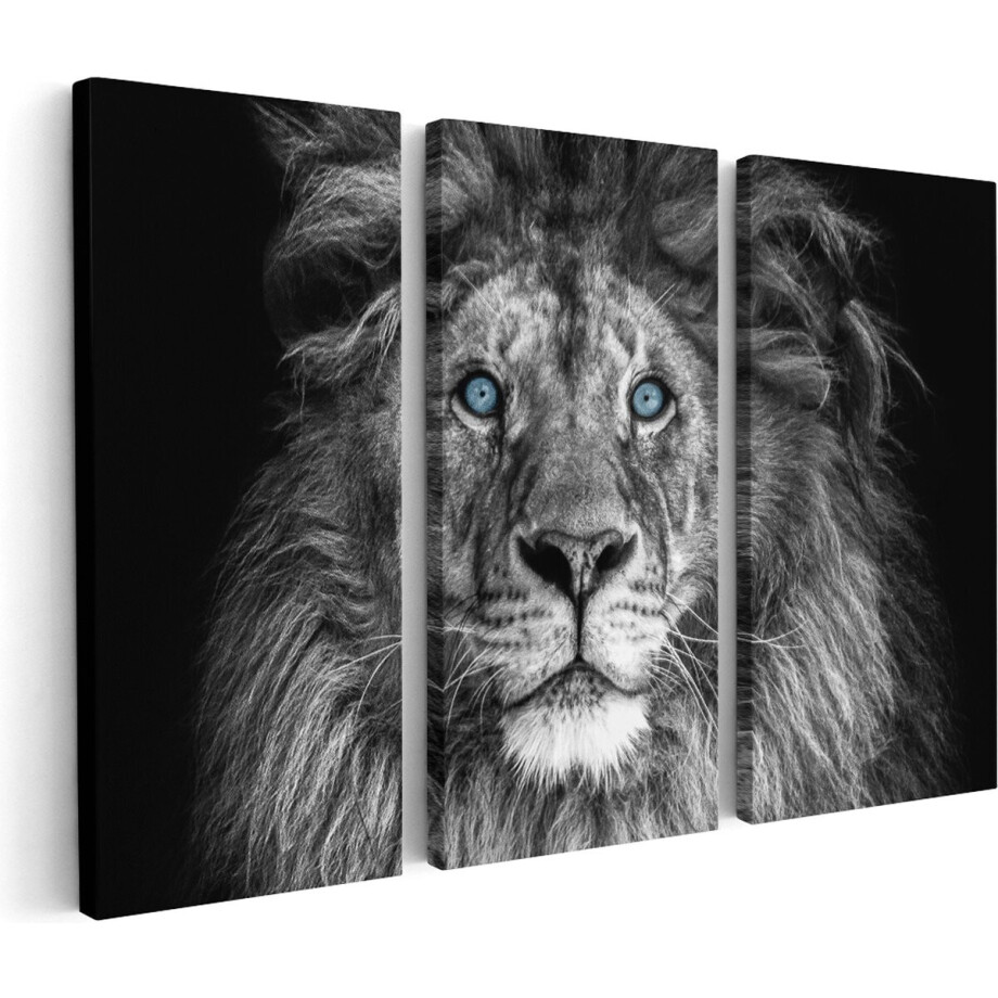 Artaza Canvas Schilderij Drieluik Leeuw Met Blauwe Ogen - Zwart Wit - 180x120 cm - Groot - Wanddecoratie Woonkamer - Schilderijen - Muurdecoratie afbeelding 1