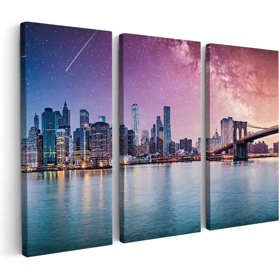 Artaza Canvas Schilderij Drieluik New York Skyline Met Een Kleurrijke Hemel - 60x40 - Klein - Foto Op Canvas - Canvas Print afbeelding 1