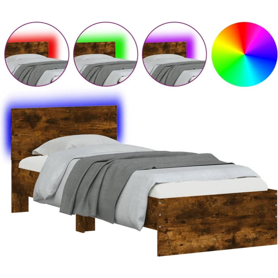 vidaXL - Bedframe - met - hoofdbord - en - LED - gerookt - eikenkleurig - 75x190 - cm vidaXL - Bedframe - met - hoofdbord - en - LED - gerookt - eikenkleurig - 75x190 - cm afbeelding 1