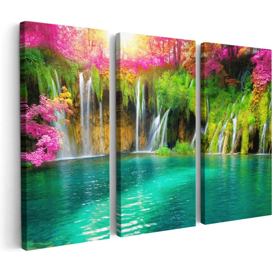 Artaza Canvas Schilderij Drieluik Waterval Met Roze En Groene Bloemen - 90x60 - Foto Op Canvas - Canvas Print Artaza Canvas Schilderij Drieluik Waterval Met Roze En Groene Bloemen - 90x60 - Foto Op Canvas - Canvas Print afbeelding 1