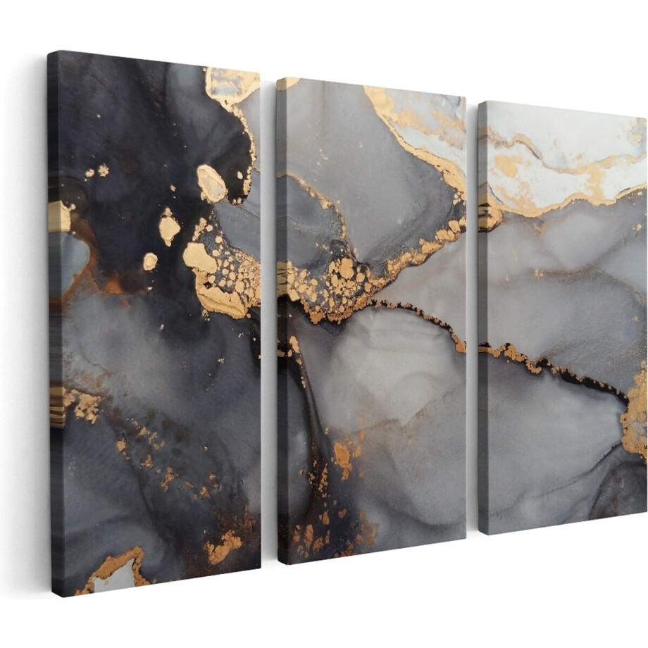 Artaza Canvas Schilderij Drieluik Abstracte Kunst - Grijze Marmer met Goud - 180x120 - Groot - Foto Op Canvas - Canvas Print afbeelding 1
