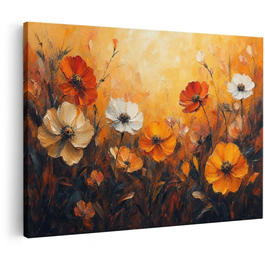 Artaza Canvas Schilderij Abstracte Bloemen - Herfsttinten in Oranje en Wit - 120x80 cm - Groot - Wanddecoratie Woonkamer - Schilderijen - Muurdecoratie afbeelding 1