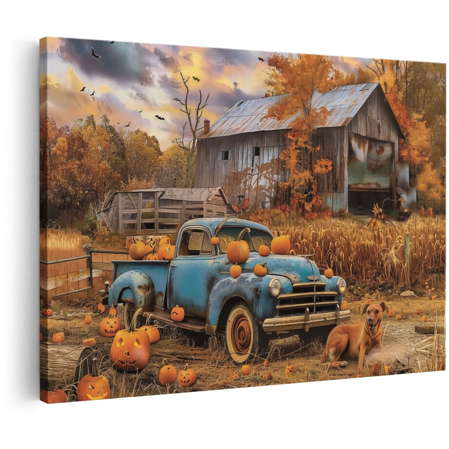 Artaza Canvas Schilderij Oude Vrachtwagen met Pompoenen voor een Schuur - 180x120 cm - Groot - Wanddecoratie Woonkamer - Schilderijen - Muurdecoratie Artaza Canvas Schilderij Oude Vrachtwagen met Pompoenen voor een Schuur - 180x120 cm - Groot - Wanddecoratie Woonkamer - Schilderijen - Muurdecoratie afbeelding 1